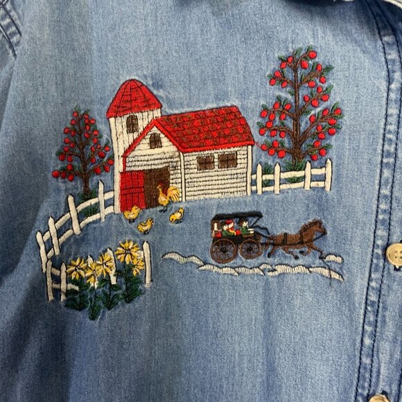 Vintage 90s Embroidered Denim Button Down Cottagecore Shirt - Picture 4 of 16